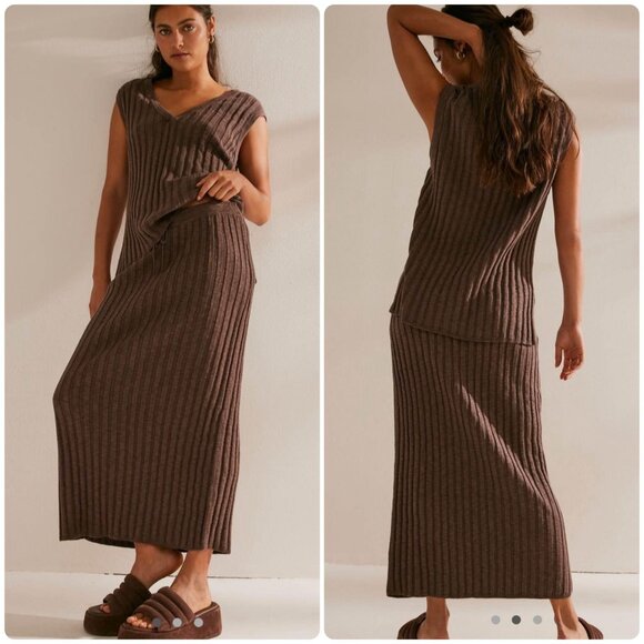 Free People Beach Veda Ribbed Top & Maxi Skirt Set Womens Small Gray Linen Boho - Picture 1 of 16